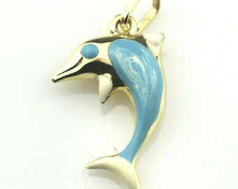 14K Yellow Gold Dolphin Charm With Blue and White Enamel