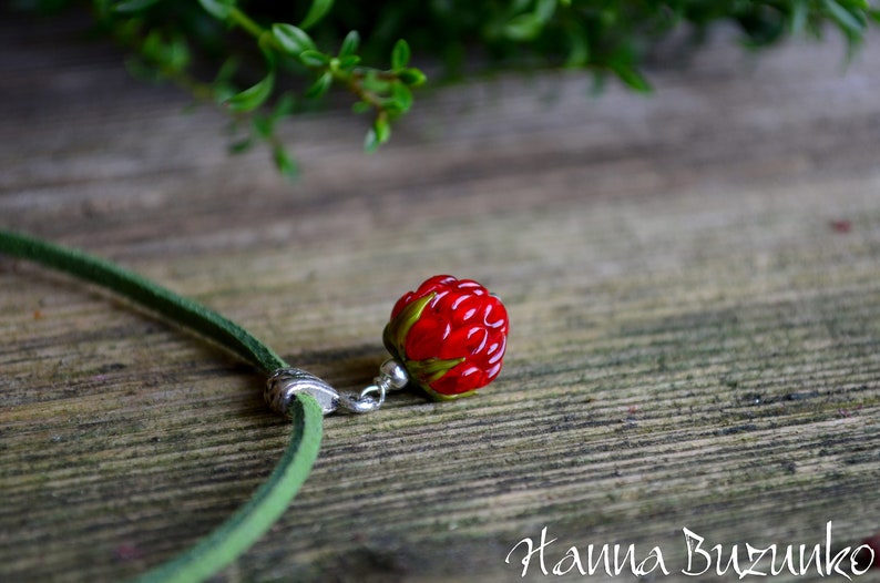 bright necklace minimalist necklace flower necklace berries necklace raspberry everyday necklace Handmade Glass Necklace Red Raspberry