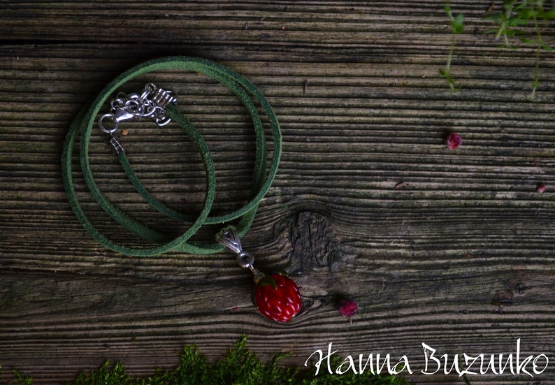 bright necklace minimalist necklace flower necklace berries necklace raspberry everyday necklace Handmade Glass Necklace Red Raspberry