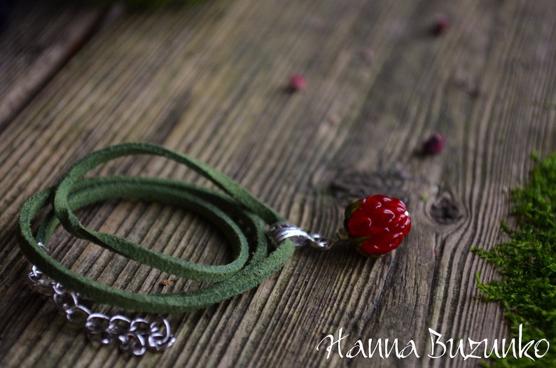 bright necklace minimalist necklace flower necklace berries necklace raspberry everyday necklace Handmade Glass Necklace Red Raspberry