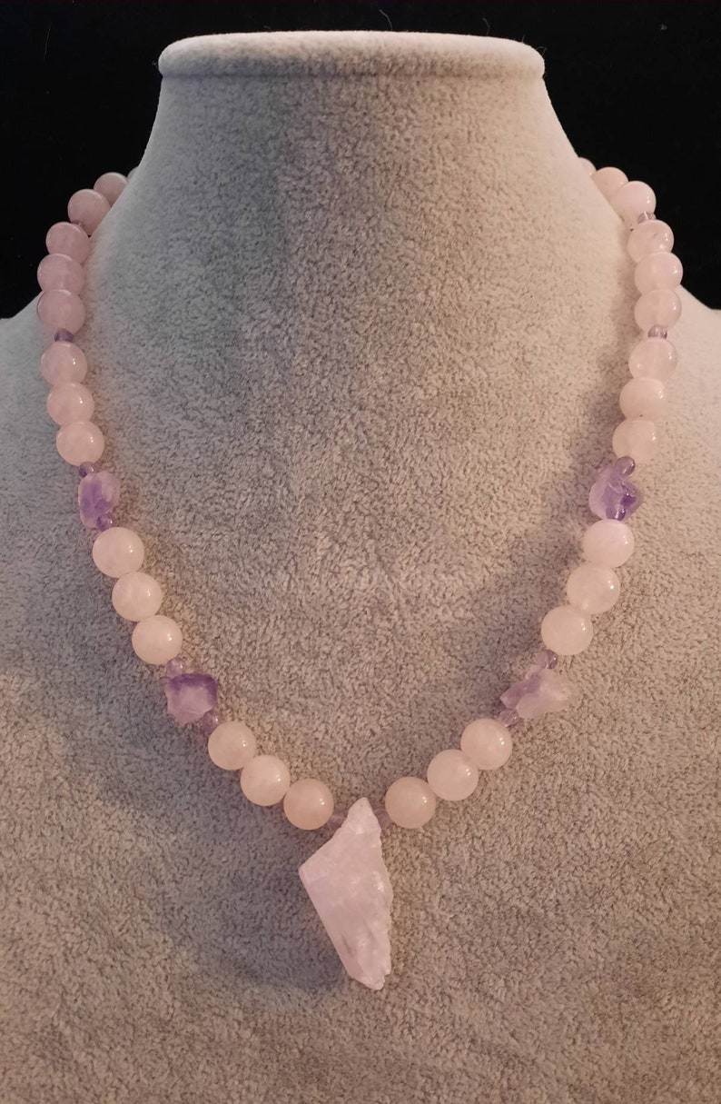 Beautiful and Peaceful Rose Quartz and Amethyst Necklace with Super Rare Kunzite! From The Goddess Collection