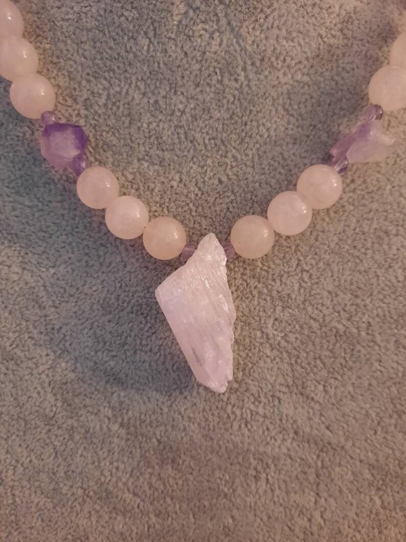 Beautiful and Peaceful Rose Quartz and Amethyst Necklace with Super Rare Kunzite! From The Goddess Collection
