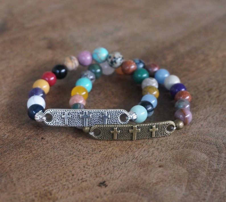 Religious Mixed Gemstone Stretch Bracelet. 3 cross layering Etsy