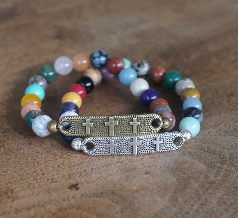 Religious Mixed Gemstone Stretch Bracelet. 3 cross layering Etsy