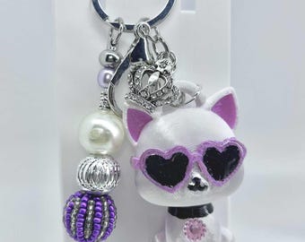 3D Custom Printed Design Cute White Cat With Pink Glasses and Colorful Beads and a Crown Purse Charm/Keychain