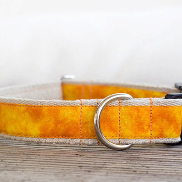 Yellow tie-dyed hemp dog collar 1" (25mm) wide, eco-friendly and adjustable