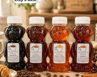 Coffee Honey Bear Gift Set: 4 Pack Raw Infused Local Wildflower Honey Sampler