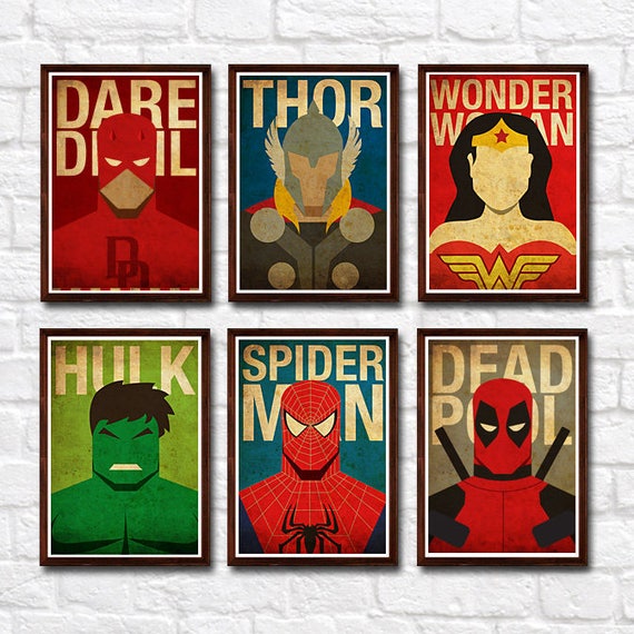 Series 2 Minimalist Superheroes Vintage Poster Set of 6 Prints