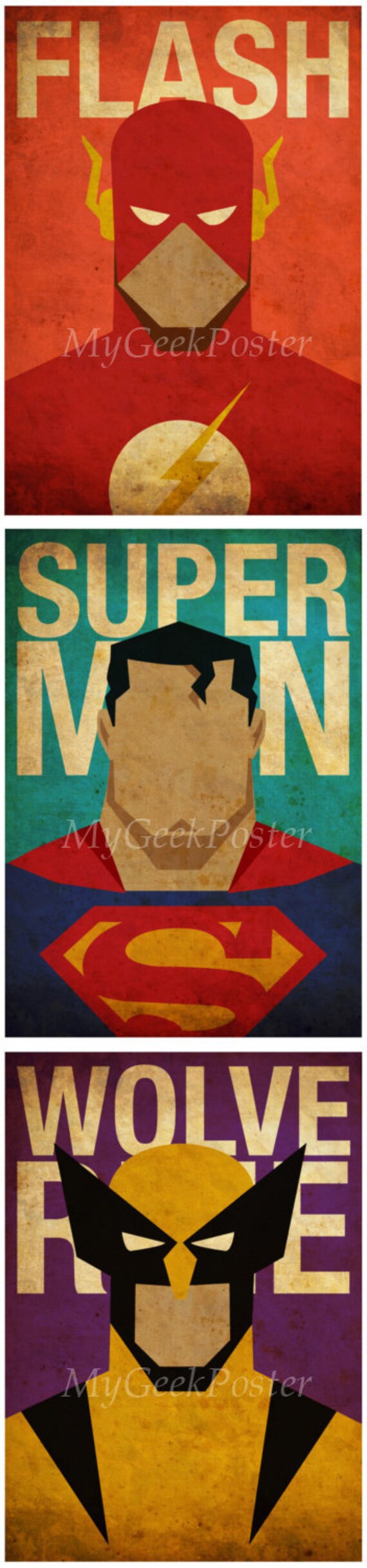 Series 2 Minimalist Superheroes Vintage Poster Set of 6 Prints