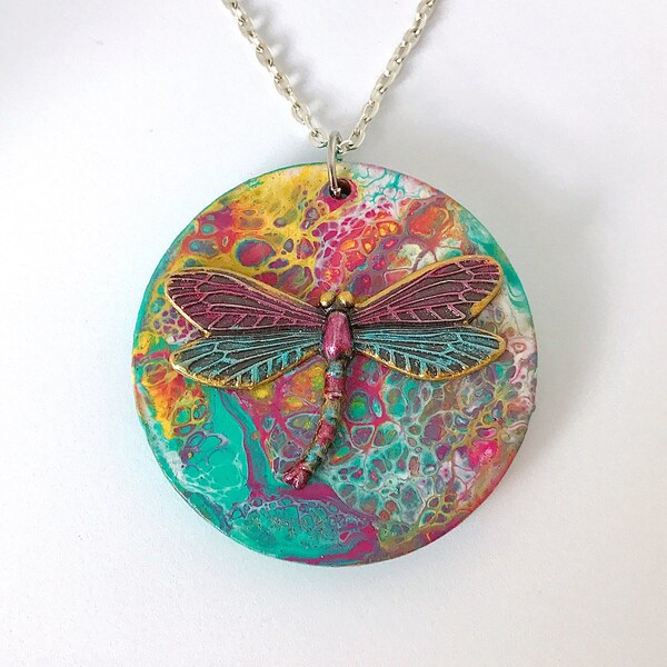 2 x 2 inch Acrylic Paint Pour "Dragonfly" Wood Circle Pendant