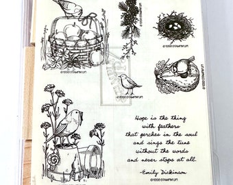 Vintage Retired New Old Stock 1998 Stampin' Up "Feathered Hope" Mounted Wood Stamp Set, bird stamps, bird nest stamp, Spring, retired stamps