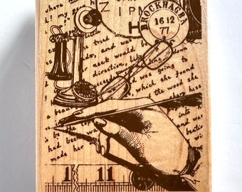 Hampton Arts "Quill Collage 4524" Mounted Wooden Rubber Stamp, mixed media stamp, collage stamp, ephemera stamp, postmark, script stamp