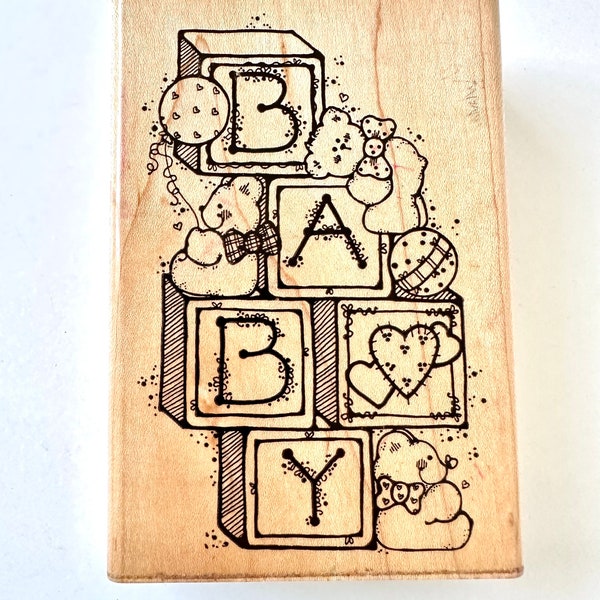 Vintage Dots Gently-Used "Baby Blocks-U121" Mounted Wooden Rubber Stamp, baby card making, baby blocks, baby shower stamp, baby shower cards