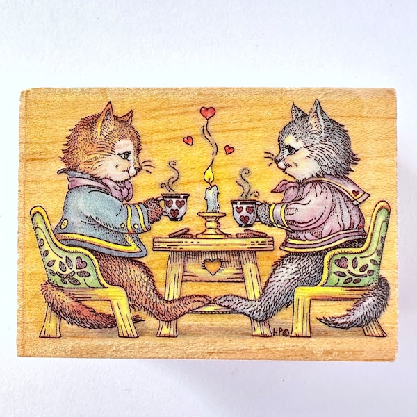Vintage Gently-Used All Night Media "Special Friends 243H" Tea Party Cats Mounted Wooden Rubber Stamp, cat stamp, tea party, animal stamp