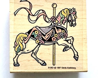 Vintage NOS 1997 Gloria Kreitzberg Graphistamp "Carousel Horse" Mounted Wooden Stamp, horse stamp, carousel horse, card making