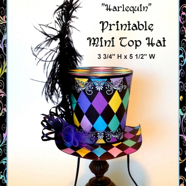 Alice in Wonderland Mini Top Hat, Harlequin Top Hat, Top Hat for Dogs and People, PRINTABLE Mad Hatter Top Hat, DIY Mardi Gras Top Hat