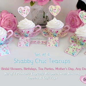 Paper Tea Cups PRINTABLE Tea Cup Cupcake Wrappers Paper Teacup Cupcake Holders, Set of 4 Teacup Cupcake Wrappers, Shabby Floral Tea Cups SC1