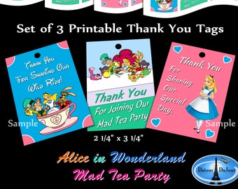 Printable Alice in Wonderland Thank You Tags, Mad Hatter Tea Party Favor Tags, Alice Tea Party Gift Tags