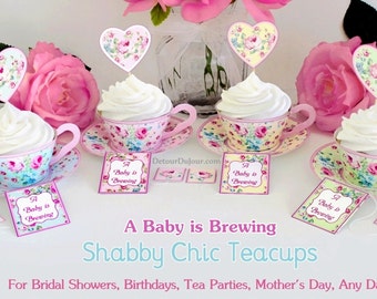 Baby Shower, Paper Tea Cup Cupcake Wrappers, PRINTABLE, A Baby is Brewing