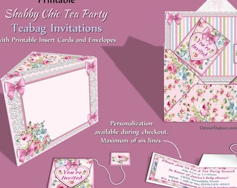 Shabby Chic Tea Party Invitations, Teabag Shaped Invites PERSONALIZED PRINTABLE Party Invitations and Envelopes, SC1