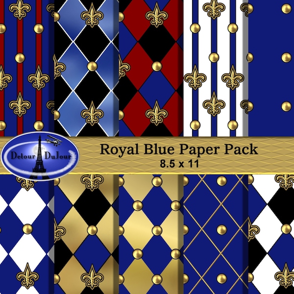 Harlequin Digital Paper Pack, 12 Sheets, Blue and Gold Harlequin and Fleur De Lis Printable Paper, Harlequin Collage Sheets, Commercial Use