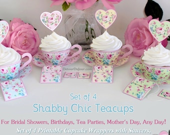 Tea Party Paper Tea Cups, Set of 4 Shabby Chic Tea Cups,  Tea Cup Cupcake Wrappers Printable, Teacup Cupcake Wraps Sleeves Holders, SC1