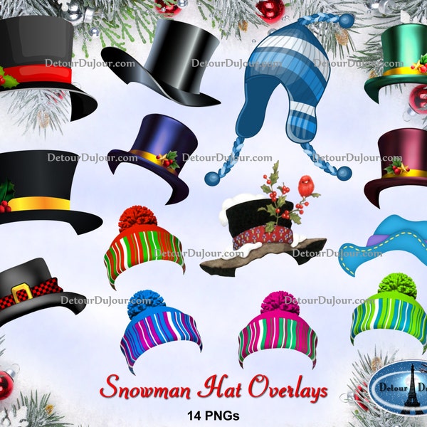 Imágenes prediseñadas de Navidad, 14 pngs Superposiciones de imágenes prediseñadas de sombreros de Papá Noel, superposiciones de sombreros de muñeco de nieve digitales, imágenes prediseñadas de muñeco de nieve, imágenes prediseñadas de sombreros de copa S-001