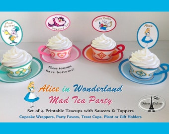Alice in Wonderland Mad Tea Party 3D Paper Tea Cup Cupcake Holders w/Saucers, PRINTABLE! Mad Hatter 3D Teacups, Alice Party Favor Holders