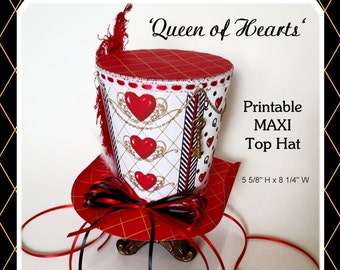 Alice in Wonderland Queen of Hearts Mad Hatter Hat, LARGER Queen of Hearts  Maxi Top Hat for Centerpiece, Tea Party Printable