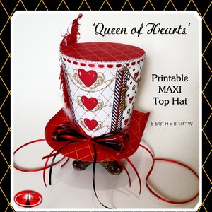 Alice in Wonderland Queen of Hearts Mad Hatter Hat, LARGER Queen of Hearts Maxi Top Hat for Centerpiece, Tea Party Printable image 1