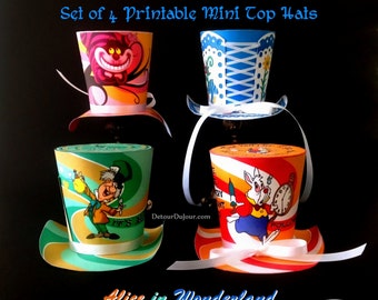 Set of 4 Top Hats Printable Alice in Wonderland Party Hats, Alice in Wonderland Mad Tea Party Hats, Mad Hatter Mini Top Hats, Mad Tea Party