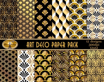 Art Deco Paper Pack 12X12 Digital Backgrounds Art Deco Digital Paper Pack,Metallic, Black, Gold, White Art Deco Paper A04-2D, Commercial Use