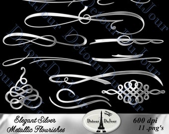 11 Silver Flourishes Swirls Calligraphy Embellishments Decorative Borders Accents Elements Large 600 dpi Wedding Sign Making Commercial Use