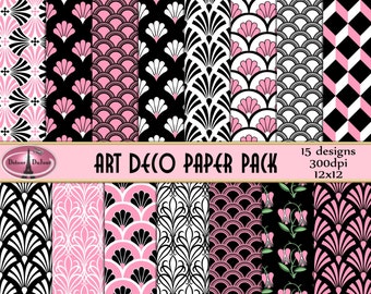 Art Deco Paper Pack, 15 Digital Backgrounds, 12 x 12 Art Deco Digital Paper Pack, Digital Art Deco Paper A02-2D, Pink, Black, Commercial Use