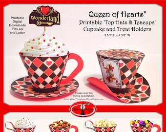3D Paper Teacup w/Saucer, Queen of Hearts Mad Hatter Tea Party Teacup Cupcake Wraps, Alice in Wonderland Mini Top Hat Favors, PRINTABLE thtc