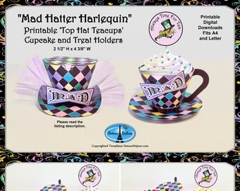 PRINTABLE Paper Tea Cups, Alice in Wonderland Cupcake Wrappers, Alice in Wonderland Party Favor Holder, Mad Hatter Top Hat Favor Holder thtc