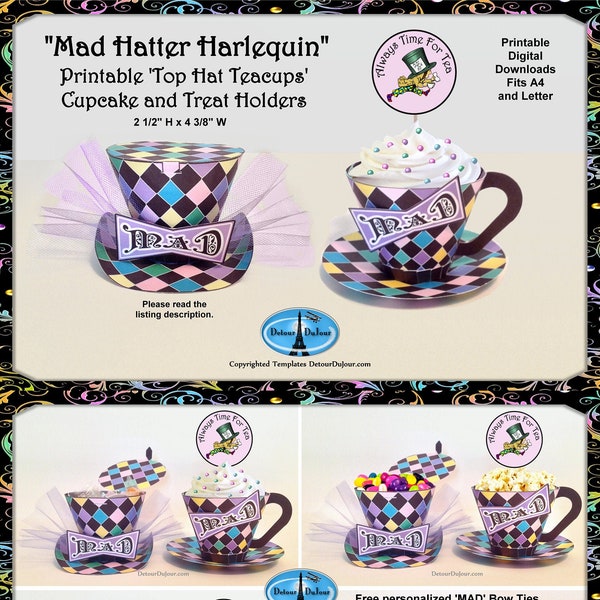 Alice in Wonderland 3D Paper Tea Cup Cupcake Wrappers with Saucer and Printable Mad Hatter Top Hat Favor Holders, Tea Party PRINTABLE thtc