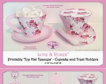 Bridal Shower Tea Party PRINTABLE, Mini Top Hats, Paper Tea Cup Cupcake Wraps, Teacup Cupcake Wrappers, Mini Top Hat Favor Holders, RLH thtc