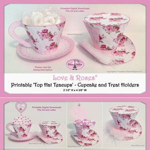 Bridal Shower Tea Party PRINTABLE, Mini Top Hats, Paper Tea Cup Cupcake Wraps, Teacup Cupcake Wrappers, Mini Top Hat Favor Holders, RLH thtc image 1