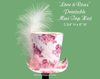 Adorable Mini Top Hat, Mini Top Hat with Pink Roses Hearts and Lace, PRINTABLE Party Hats, Bridal Shower Tea Party Decorations, RLH