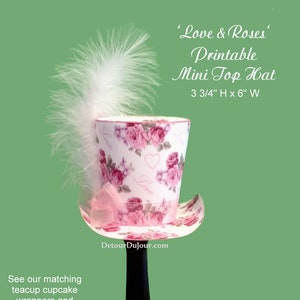 Adorable Mini Top Hat, Mini Top Hat with Pink Roses Hearts and Lace, PRINTABLE Party Hats, Bridal Shower Tea Party Decorations, RLH image 1