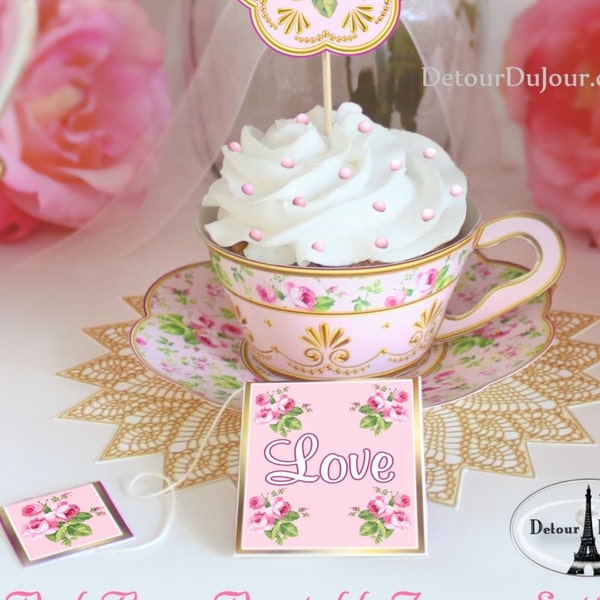 Paper Tea Cup and Saucer Set PRINTABLE Teacup Cupcake Wrappers,  Bridal Shower Tea Party Treat or Favor Holders, Tea Cup Cupcake Holders