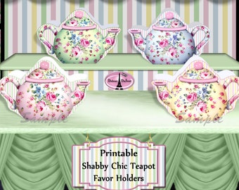 Bridal Shower Favors, Tea Party Treat Holders Shabby Chic Party Favor Holders, Printable Treat Boxes, Teabag Holders, Shabby Chic Teapot SC1