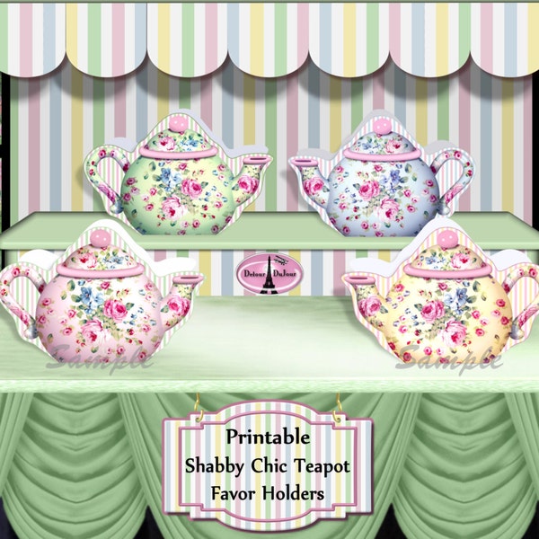 Bridal Shower Favors, Tea Party Treat Holders Shabby Chic Party Favor Holders, Printable Treat Boxes, Teabag Holders, Shabby Chic Teapot SC1