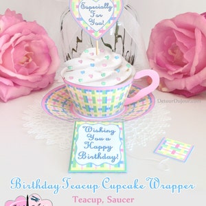 Printable Paper Tea Cup Cupcake Wrappers with Saucer, 3D Birthday Card and Cake in One, Plaid Pastel Paper Teacups, Birthday Cupcake Holders