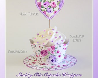 Shabby Chic Cupcake Wrappers with Doilies, Printable Purple Rose Cupcake Holders, SC1