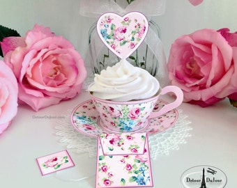 Pink Roses Paper Tea Cups PRINTABLE Teacup Cupcake Wrappers, Shabby chic Tea Party Tea Cups and Saucers SC1