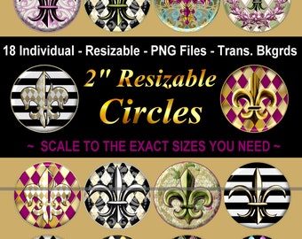 1" 1.5" 2" Round Circle Images 18 Pendant Images RESIZABLE PNGs, Buttons, Magnets, Pendants, Harlequin, Fleur De Lis, Commercial Use