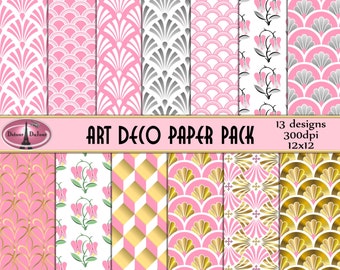 Art Deco Paper, 12 x 12 Art Deco Paper Pack, 13 Art Deco Premade Pages, Pink Gold Art Deco Digital Paper Pack A01-2D Commercial Use
