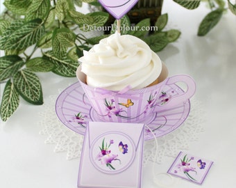 3D Paper Tea Cups and Saucers, Bridal Shower Tea Party, Lavender Teacup Cupcake Wrappers, Party Favor Holders, LTC 001 Printable Tea Cups